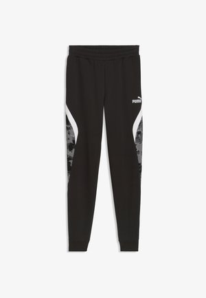 Pantalon de survêtement Puma noir avec taille élastique, rayures courbes blanches et panneaux camouflage noir et gris sur les côtés, jambes fuselées avec poignets.