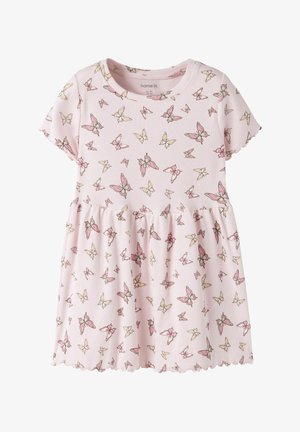 Light pink short-sleeve toddler dress with round neck, ruffled hem, and scattered yellow and pink butterfly print.