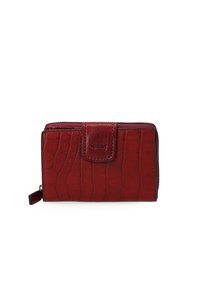 Red crocodile-patterned leather wallet with a zip closure, a snap flap, and the brand name embossed on the front label.