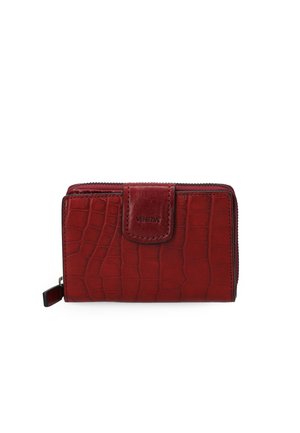 Rood croco-gepatenteerd leren portemonnee met ritssluiting, een drukknop-flap en de merknaam in reliëf op het voorkantlabel.