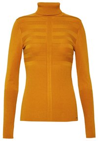 Pull à col roulé en orange vif avec texture côtelée, présentant des motifs de rayures horizontales sur la poitrine et une silhouette ajustée.