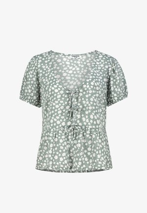 Blumenbluse in Hellgrün mit V-Ausschnitt, kurzen Puffärmeln und einem Peplum-Saum, verziert mit weißen und rosa Blumenmustern.