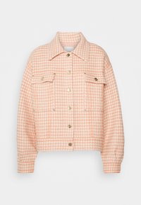 Jacket s růžovo-bílým houndstooth vzorem, který má límeček, zapínání na knoflíky, dvě náprsní kapsy a zlaté kovové detaily.