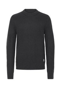 Mørkegrå strikket sweater med rund hals, lange ærmer, ribbet struktur og et lille mærke på undersiden. Klassisk pasform og ensfarvet.