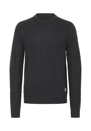 Mørkegrå strikket sweater med rund hals, lange ærmer, ribbet struktur og et lille mærke på undersiden. Klassisk pasform og ensfarvet.