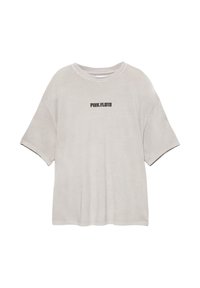Jasnoszara, oversize koszulka z krótkim rękawem, z napisem "PINK FLOYD" w ciemnoszarym kolorze na przodzie. Miękka tekstura materiału.