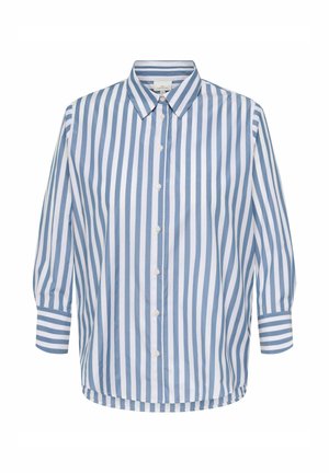 Chemise à manches longues à rayures verticales bleu et blanc, avec col et poignets boutonnés.