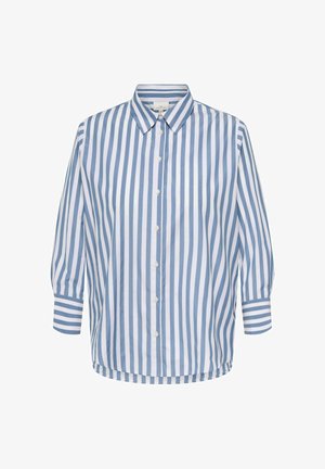 Chemise à manches longues à rayures verticales bleu et blanc, avec col et poignets boutonnés.