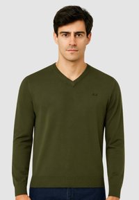 Maglione verde oliva a maniche lunghe con scollo a V, con polsini e orlo a costine, che presenta un piccolo logo nero sul lato sinistro del petto. Tessuto morbido.