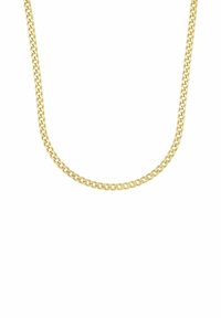 Collana in oro con maglie intrecciate, caratterizzata da una superficie liscia e lucida. Uniforme nel colore e simmetrica nel design.