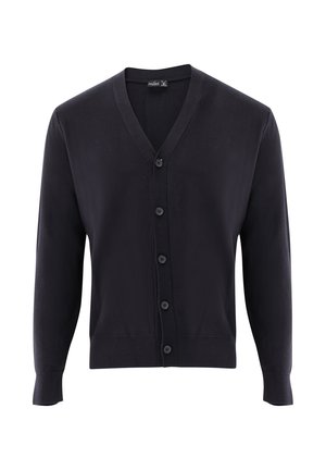 Schwarzer, langärmliger Button-Up-Cardigan mit V-Ausschnitt sowie gerippten Bündchen und Saum, dargestellt auf weißem Hintergrund.