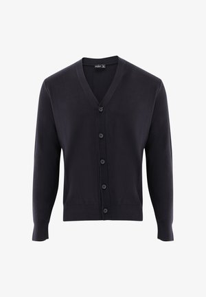 Schwarzer, langärmliger Button-Up-Cardigan mit V-Ausschnitt sowie gerippten Bündchen und Saum, dargestellt auf weißem Hintergrund.