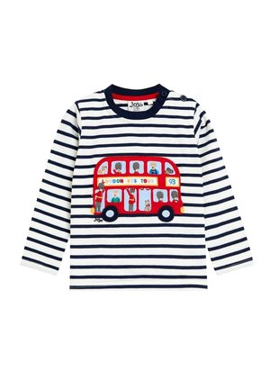Camicia a maniche lunghe a righe blu navy e bianche con una grafica di un autobus a due piani rosso con passeggeri e il testo "LONDON BUS TOUR".