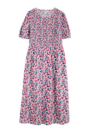 Květinové šaty s nařaseným živůtkem, krátkými rukávy a plnou sukní. Bílá látka s červenými, růžovými a modrými vzory listů.
