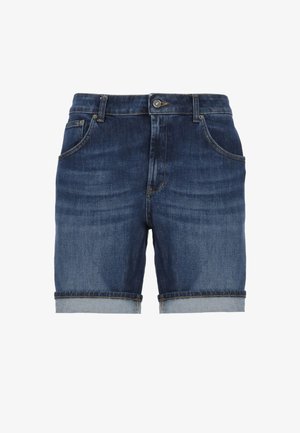 Shorts in denim di colore blu scuro con una finitura leggermente sbiadita. Presentano cinque tasche, orlo arrotolato e chiusura con bottone metallico in vita.