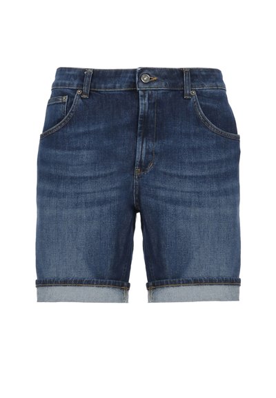 Shorts de mezclilla en azul oscuro con un acabado ligeramente descolorido. Cuenta con cinco bolsillos, un dobladillo enrollado y cierre de botón de metal en la cintura.