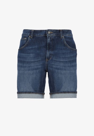 Shorts de mezclilla en azul oscuro con un acabado ligeramente descolorido. Cuenta con cinco bolsillos, un dobladillo enrollado y cierre de botón de metal en la cintura.