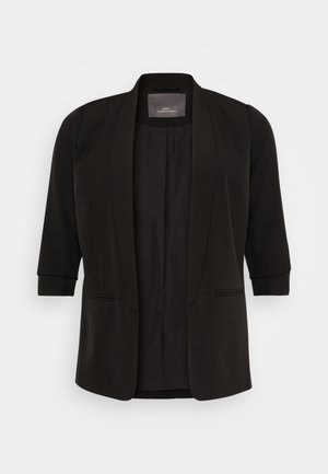 Black blazer with a lapel collar, three-quarter sleeves, and two front pockets. Made from smooth fabric with a tailored fit.