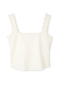 Biały, dopasowany crop top z kwadratowym dekoltem, szerokimi ramiączkami i gładką, miękką teksturą, zaprojektowany w minimalistycznym stylu.
