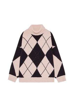 Maglione dolcevita beige e nero con motivo a rombi, maniche lunghe e polsini e orlo a coste.