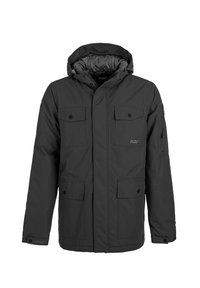 Sort isoleret jakke med hætte, der har to brystlommer, to sidelommer og en ekstra lomme på ærmet; glat stofstruktur.