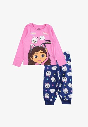 Haut de pyjama manches longues rose avec personnages de dessins animés ; pantalon bleu marine avec motifs de chats blancs et d'étoiles ; tissu doux et confortable.