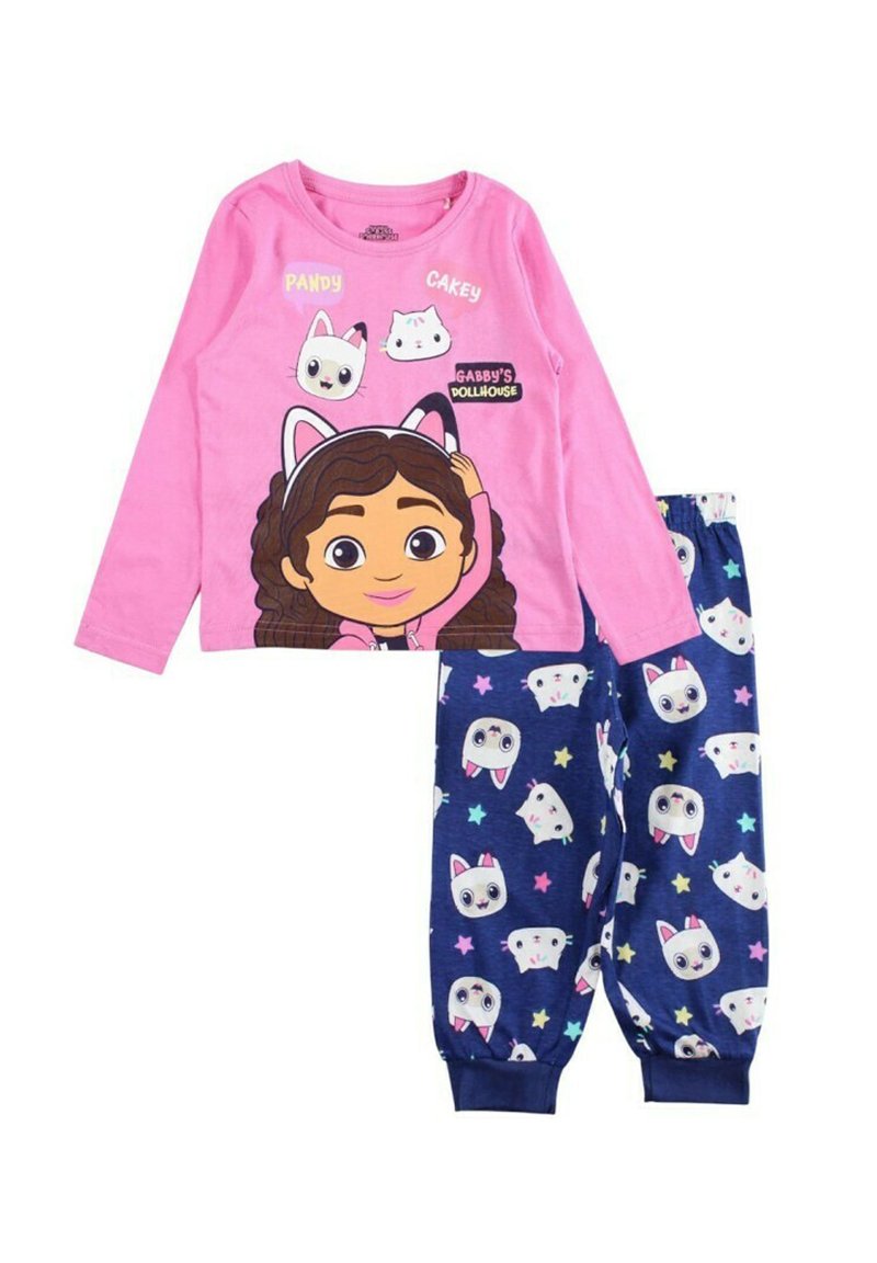Haut de pyjama manches longues rose avec personnages de dessins animés ; pantalon bleu marine avec motifs de chats blancs et d'étoiles ; tissu doux et confortable.