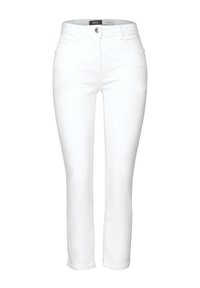 Vaqueros de denim blanco con ajuste recto, cinco bolsillos, cierre de botón y detalles de costura sutiles. Textura suave y diseño clásico.