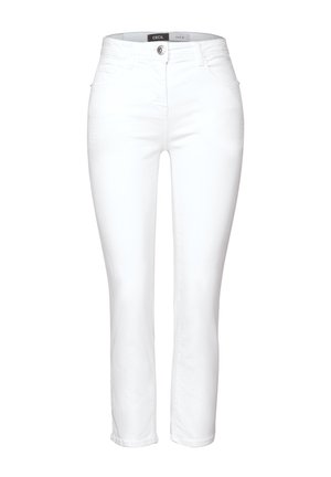 Jeans in denim bianco con una vestibilità dritta, cinque tasche, chiusura con bottone e dettagli di cucitura sottile. Texture liscia e design classico.