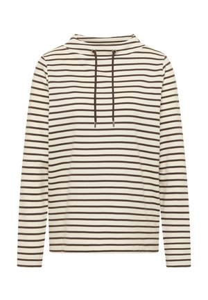 Haut crème à manches longues avec des rayures horizontales brunes uniformément espacées et un col montant équipé de deux cordons bruns.