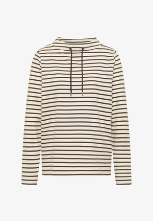 Crèmewit topje met lange mouwen en gelijkmatig verdeelde horizontale bruine strepen, met een hoge halslijn voorzien van twee bruine trekkoorden.