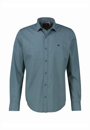 Langärmliges Hemd mit Knöpfen in dunkeltürkis mit einem kleinen weißen geometrischen Muster; verfügt über einen spitzen Kragen und ein einzelnes Logo auf der Brust.
