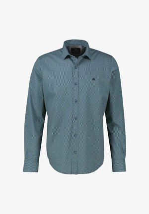 Long-sleeve button-up shirt in dark teal with a small white geometric pattern; features a pointed collar and a single chest logo.