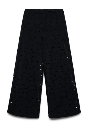 Pantaloni neri a gamba larga con motivo in pizzo floreale con ritagli e vita alta, progettati con vestibilità ampia e corta.