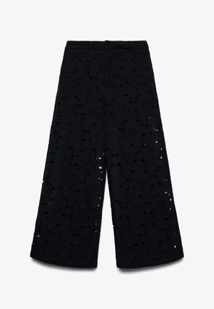 Pantaloni neri a gamba larga con motivo in pizzo floreale con ritagli e vita alta, progettati con vestibilità ampia e corta.