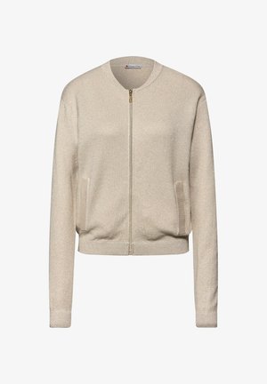 Beige long-sleeve zip-up cardigan with ribbed collar, cuffs, hem, and two front pockets.