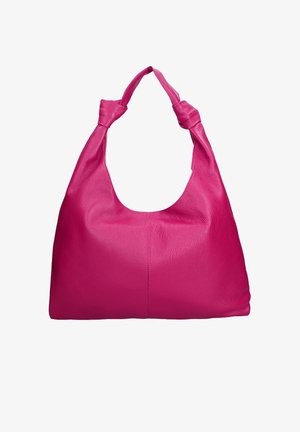 Leren hobo-tas in felroze. Zachte textuur met een enkele geknoopte schouderband en afgeronde opening aan de bovenkant. Glad oppervlak zonder zichtbare montage.
