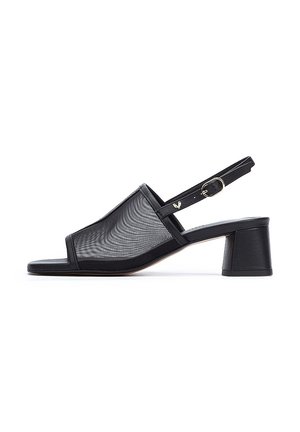 Zapatos de tacón negro tipo slingback con parte superior de malla, punta cuadrada y tacón grueso. Incluye una correa con hebilla para ajuste. Superficie lisa.