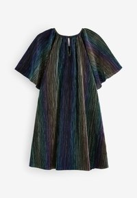 Kurzes Kleid aus plissiertem Samt, mit rundem Ausschnitt, Lochöffnung hinten und schwingenden Ärmeln. Farbverlauf von dunklen zu hellen Tönen.