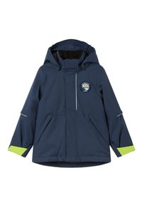 Navy veden omalla hupulla, jossa on heijastavat yksityiskohdat ja limevihreät reunat hihoissa. Kahdessa etutaskussa ja logistikkatunnus.