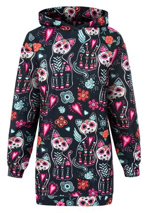 Sudadera con capucha que presenta un fondo negro con un patrón colorido de gatos calavera, corazones y flores en rosa, azul y verde.
