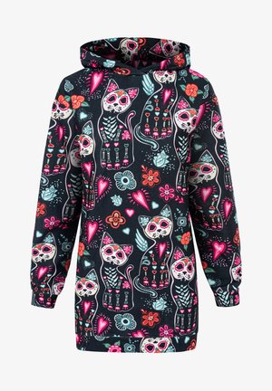 Kapuzensweatshirt mit schwarzem Hintergrund und buntem Muster aus Totenkopfkatzen, Herzen und Blumen in Pink, Blau und Grün.