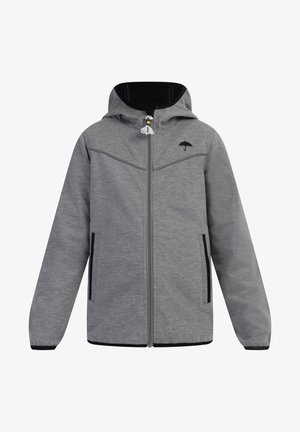 Szürke cipzáras dzseki kapucnival, fekete akcentusokkal, oldalsó zsebekkel és egy diszkrét ernyő logóval a mellkasán. Simább anyag textúra.