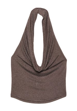 Brown, sleeveless top with a draped neckline, made from a textured fabric featuring subtle metallic flecks throughout.