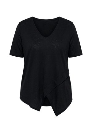 Musta lyhythihainen V-kaula-aukollinen paita, jossa epäsymmetrinen kerroksellinen helma ja rento istuvuus.