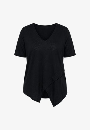 Czarny top z krótkim rękawem i dekoltem w serek, z asymetrycznym, warstwowym dołem oraz luźnym krojem.