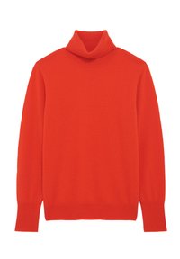 Maglione rosso a collo alto realizzato in morbido materiale a maglia, presenta un colletto aderente, maniche lunghe e una texture a costine sui polsini e sull'orlo.