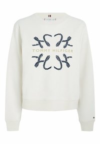 Sudadera de cuello redondo en algodón blanco, con un diseño de cuerda en navy y el texto "TOMMY HILFIGER" en dorado. Puños y dobladillo acanalados.