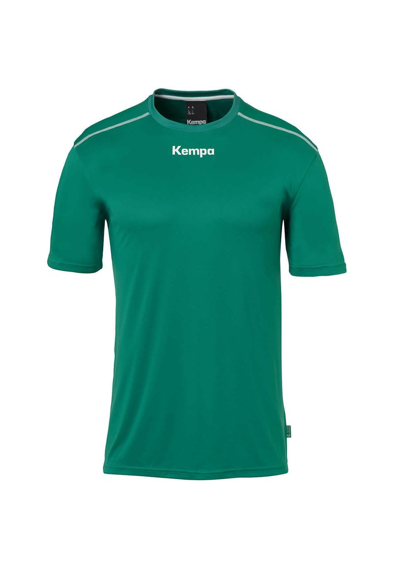 Groene t-shirt met korte mouwen, gemaakt van een gladde, lichte stof. Heeft een ronde hals en grijze schouderaccenten. 'Kempa'-logo gedrukt op de borst.