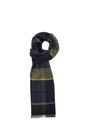 Tkan scarf ma granatowy, zielony i żółty wzór w kratę. Wykonany z miękkiego materiału, ma frędzlowane krawędzie i ciepłą, przytulną teksturę.